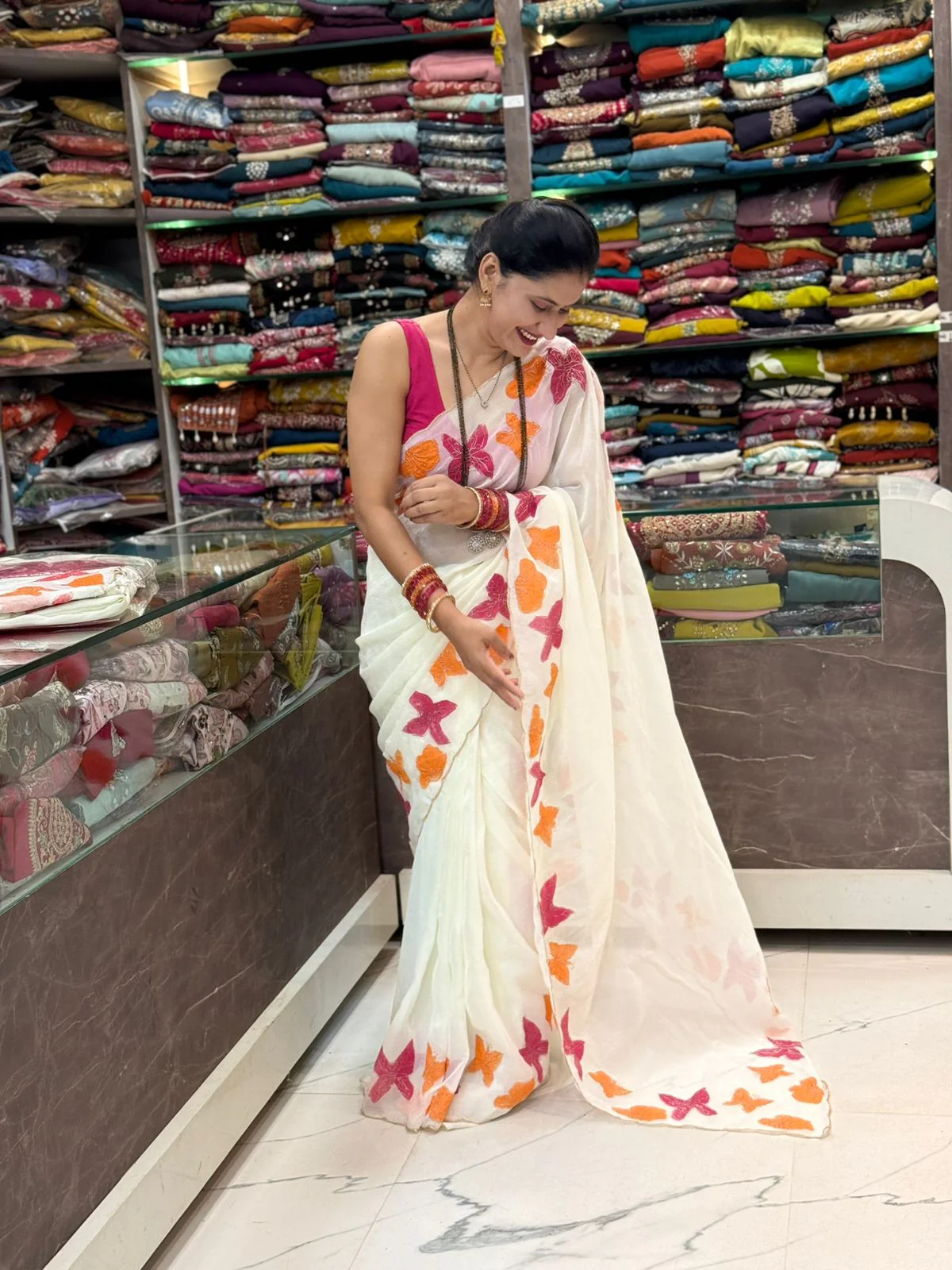 Butterfly Wings Soft Chiffon Designer Saree - Off White - Image 2