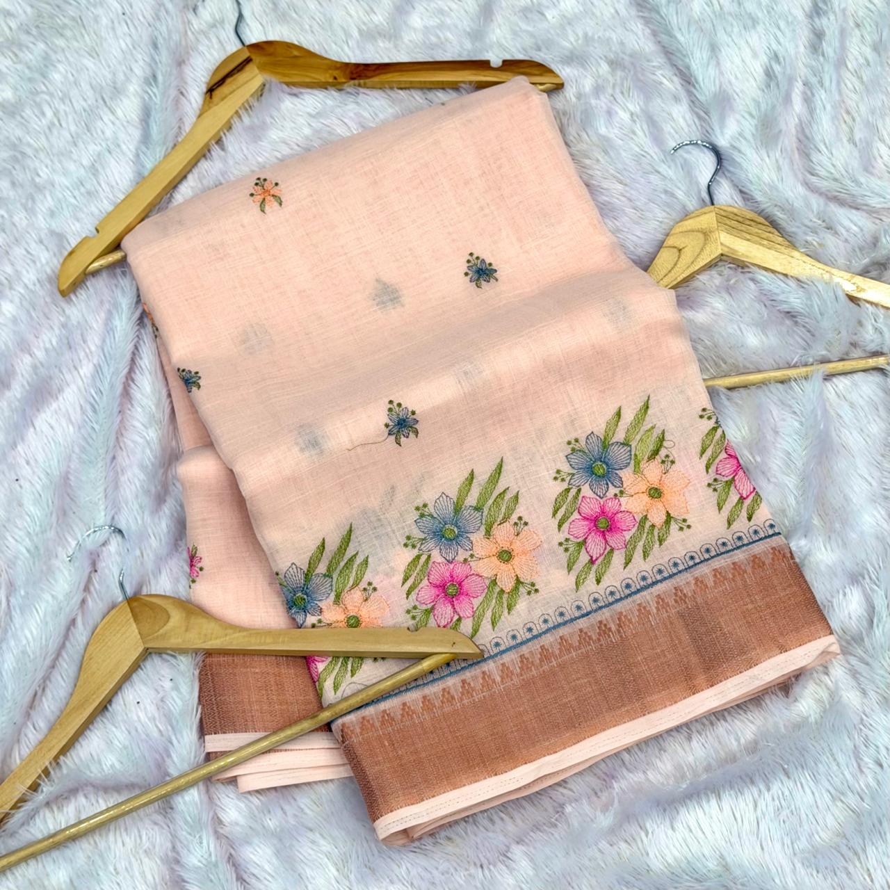 Cotton Linen Saree - Light Aboli