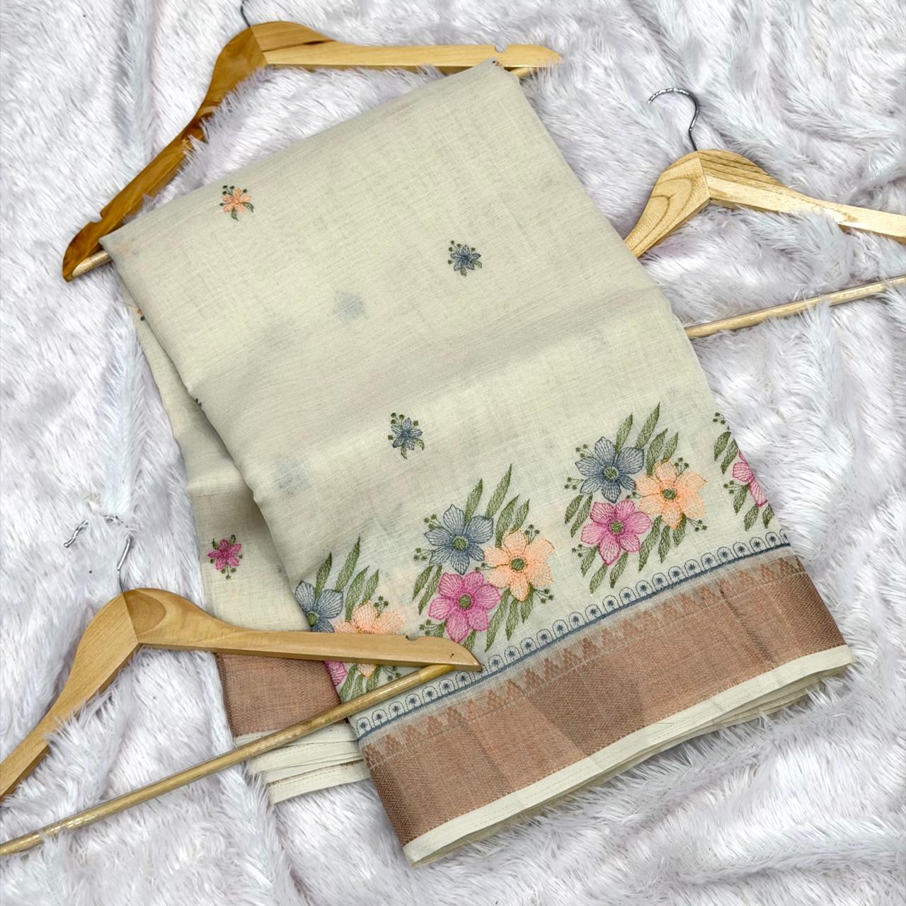 Cotton Linen Saree - Off White