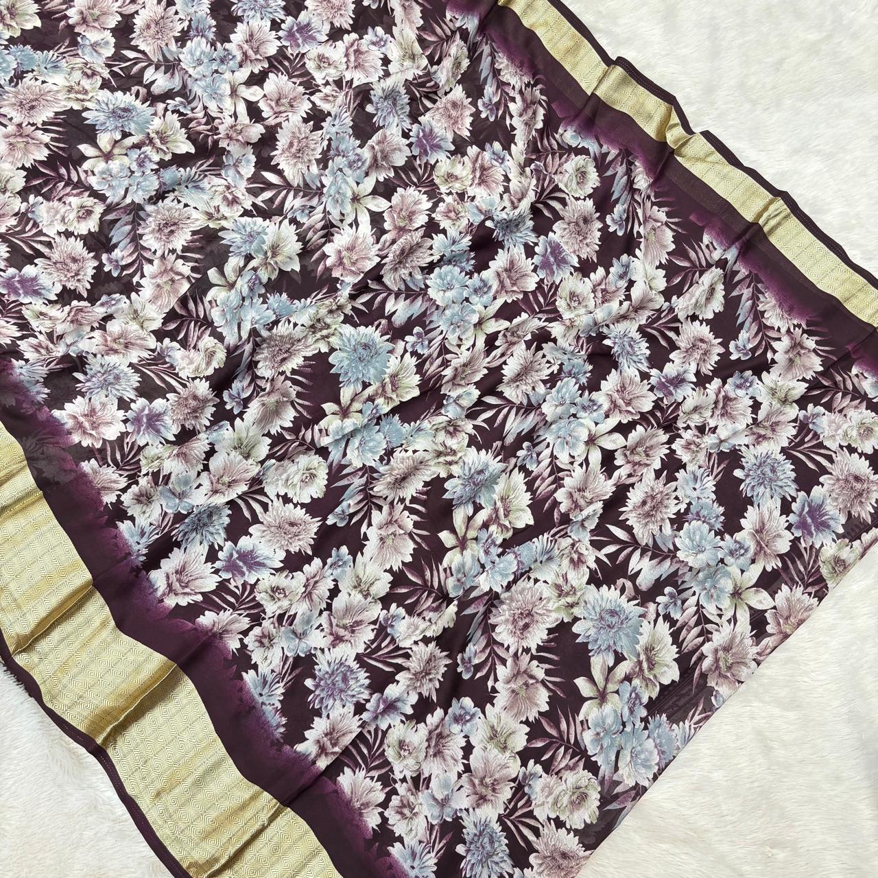 Full soft zari border Saree - chocolate