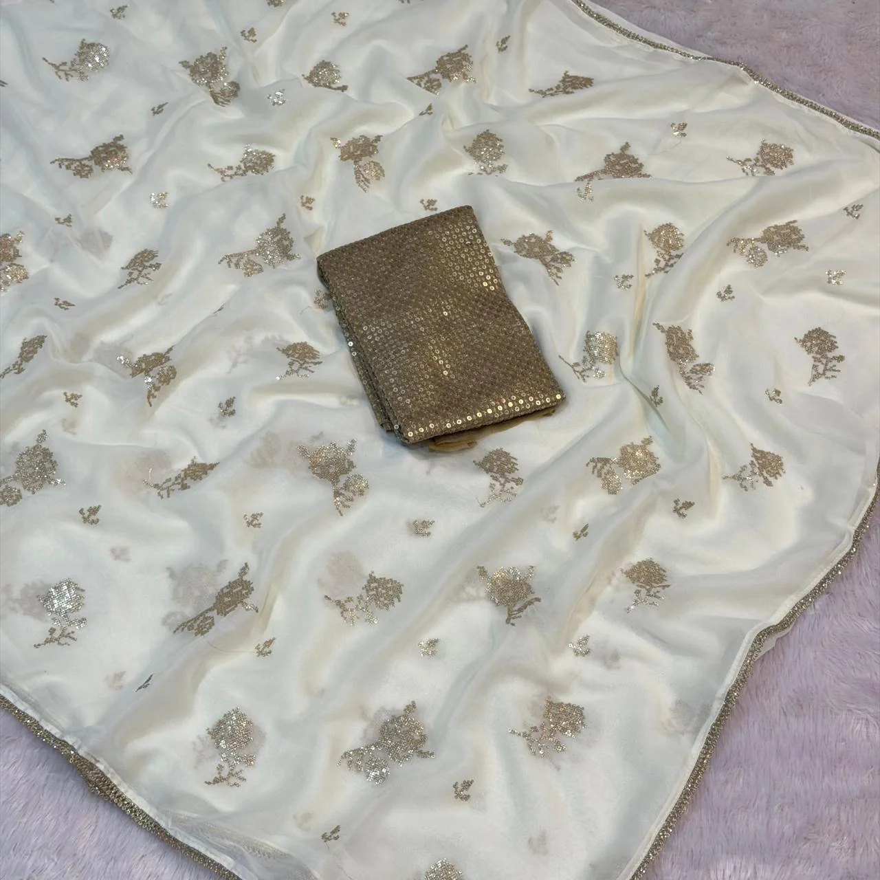 Glimmering Gold Georgette - Off White