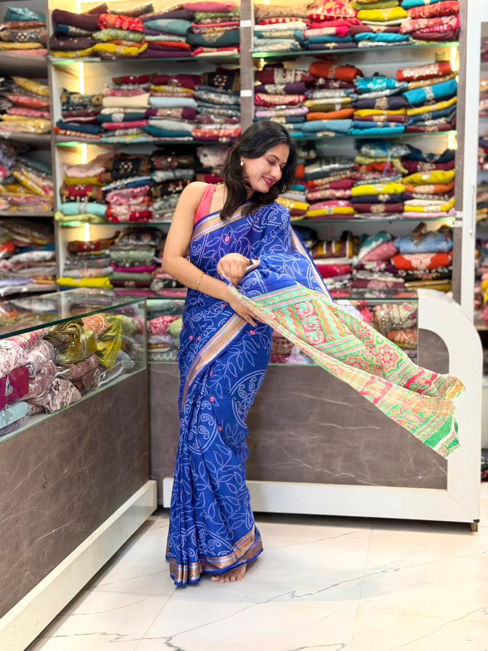Jaipuri mal cotttone saree - BLUE - Image 2