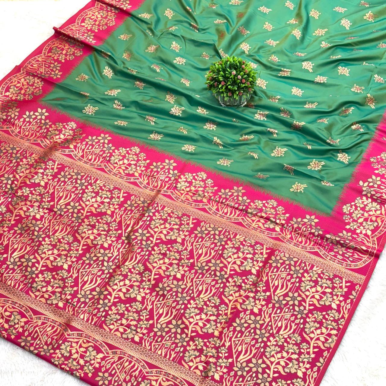 Jamadani saree- Rama Green with Pink Boarder