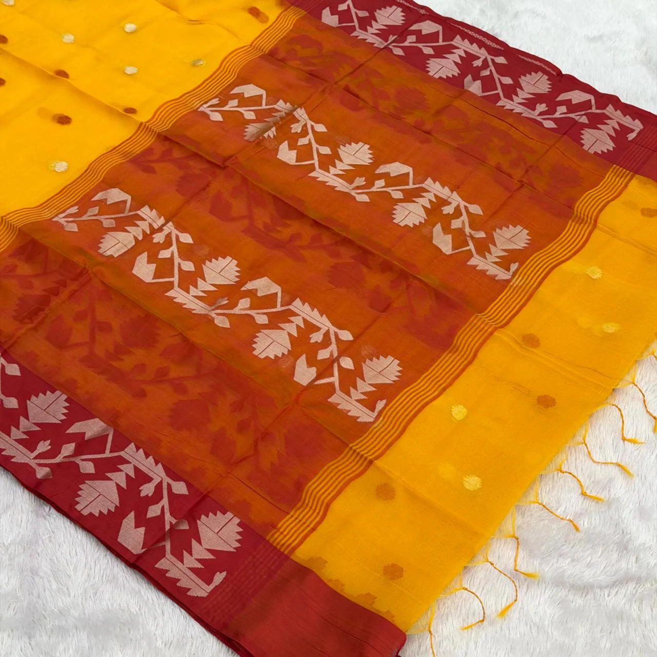 Jamdani Zari Organza Saree - Turmeric Colour