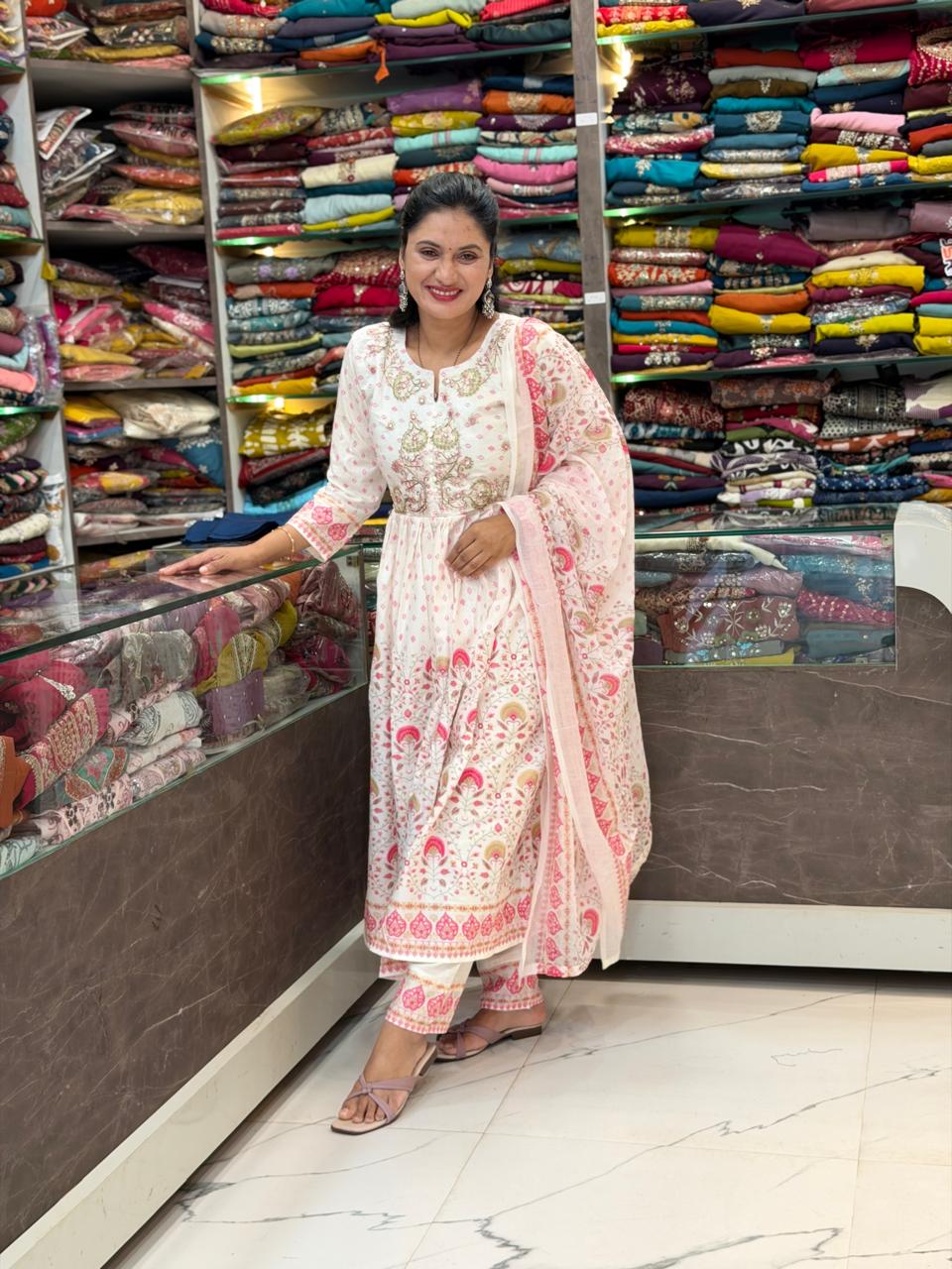 Nitya 3 pice dress set - Off White and pink shade - Image 2