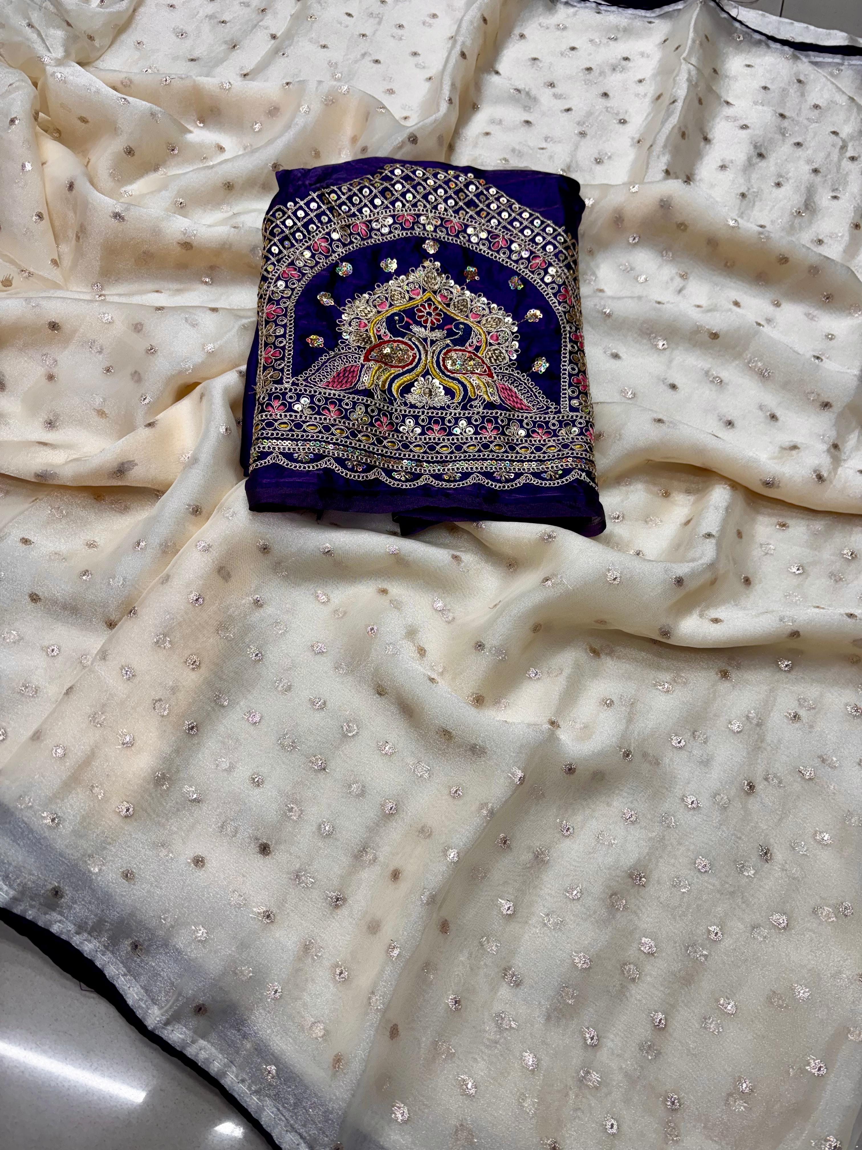 Radha Rani Soft Marshmallow Saree - Off White With Purple
