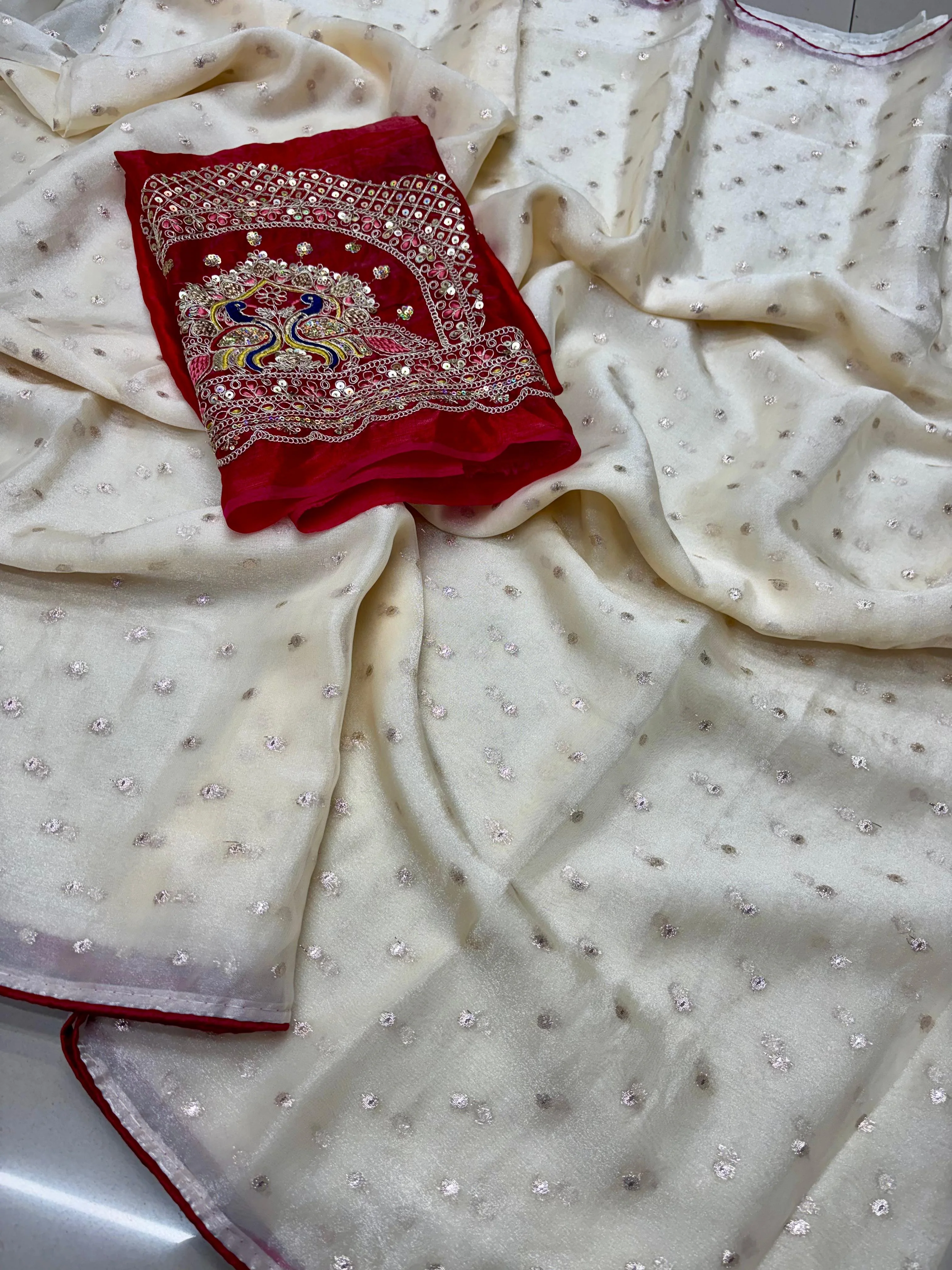 Radha Rani Soft Marshmallow Saree - Off White With  Red Combination