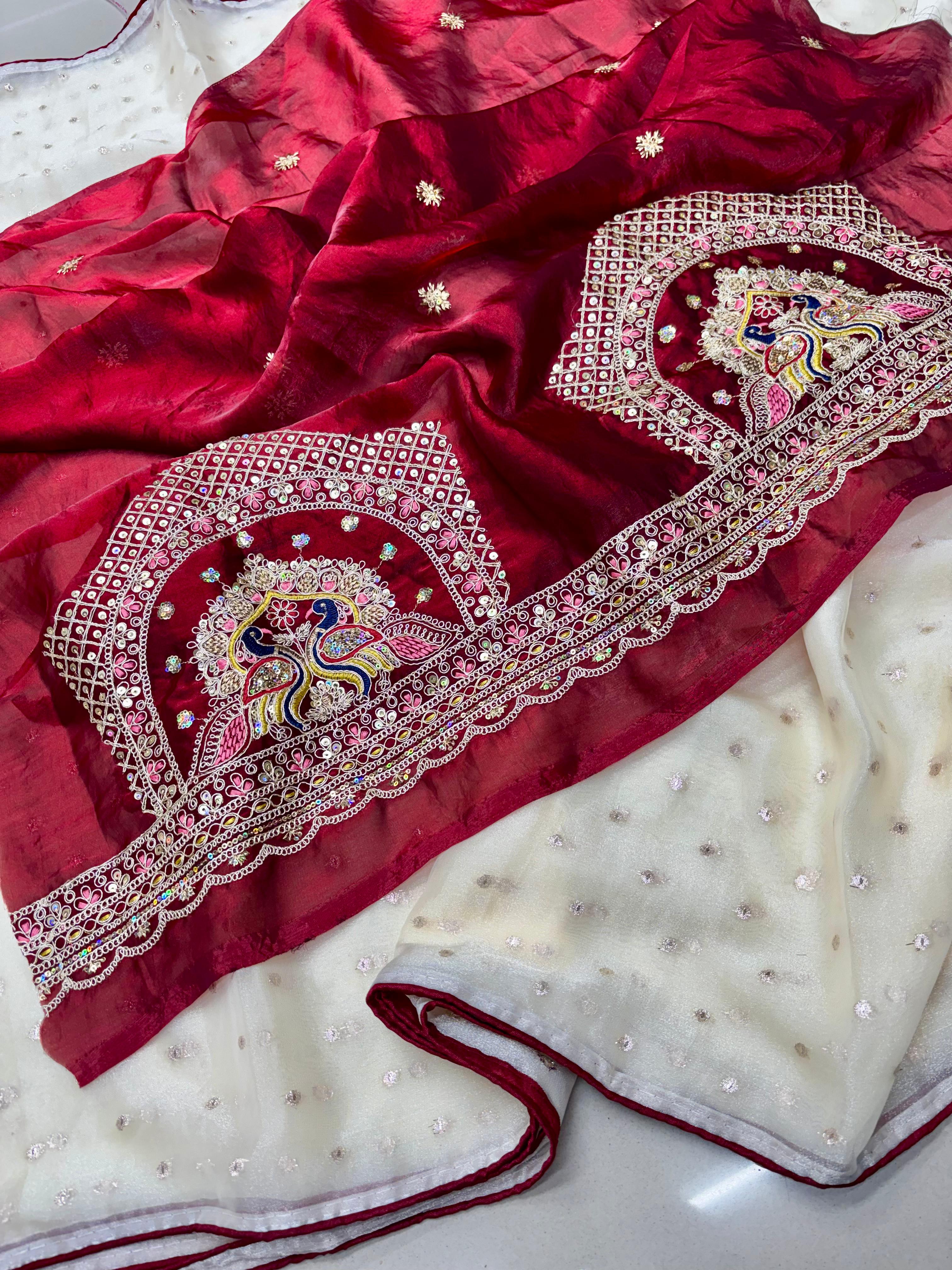 Radha Rani Soft Marshmallow Saree - Off White With  Red Combination - Image 2