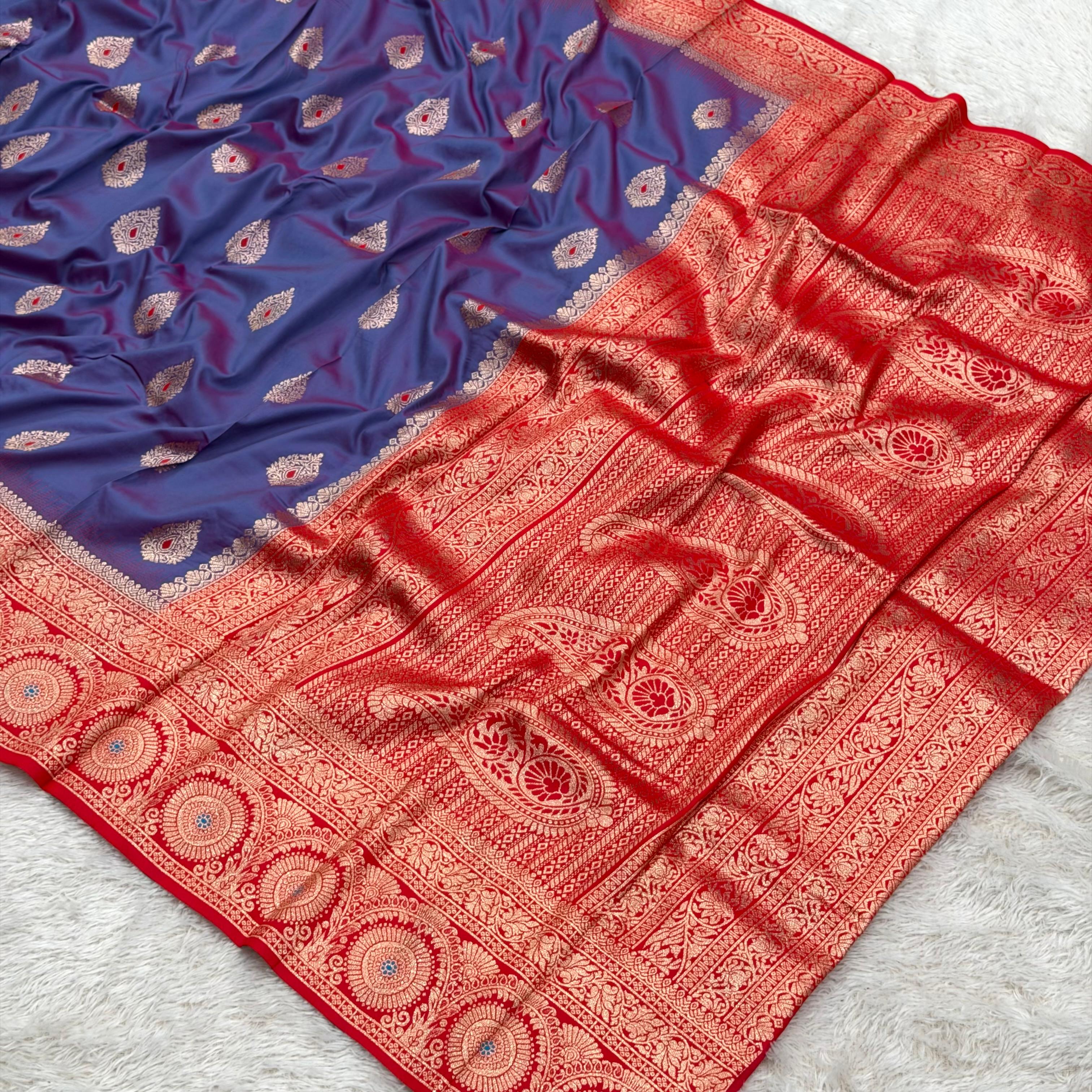 Silk Banarasi Saree - blue with red