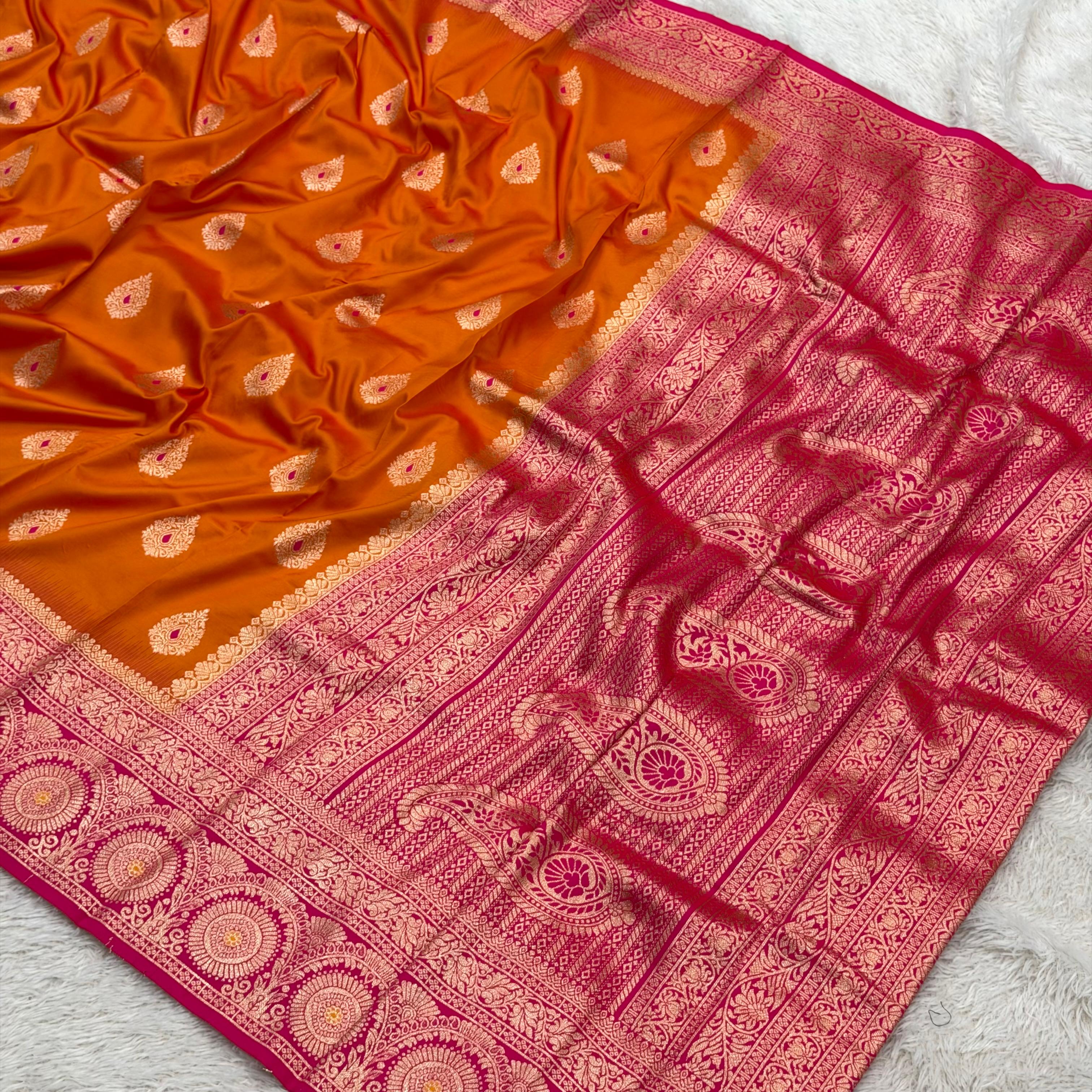 Silk Banarasi Saree - orange with pink boarder