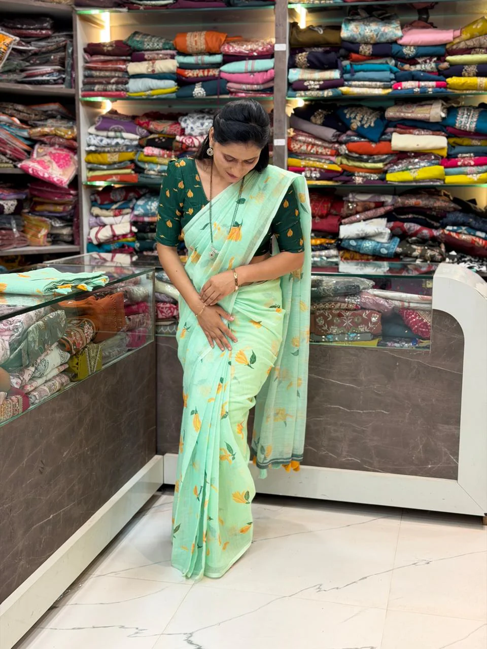 Sonchafa Cotton Linen Saree- Pista - Image 3