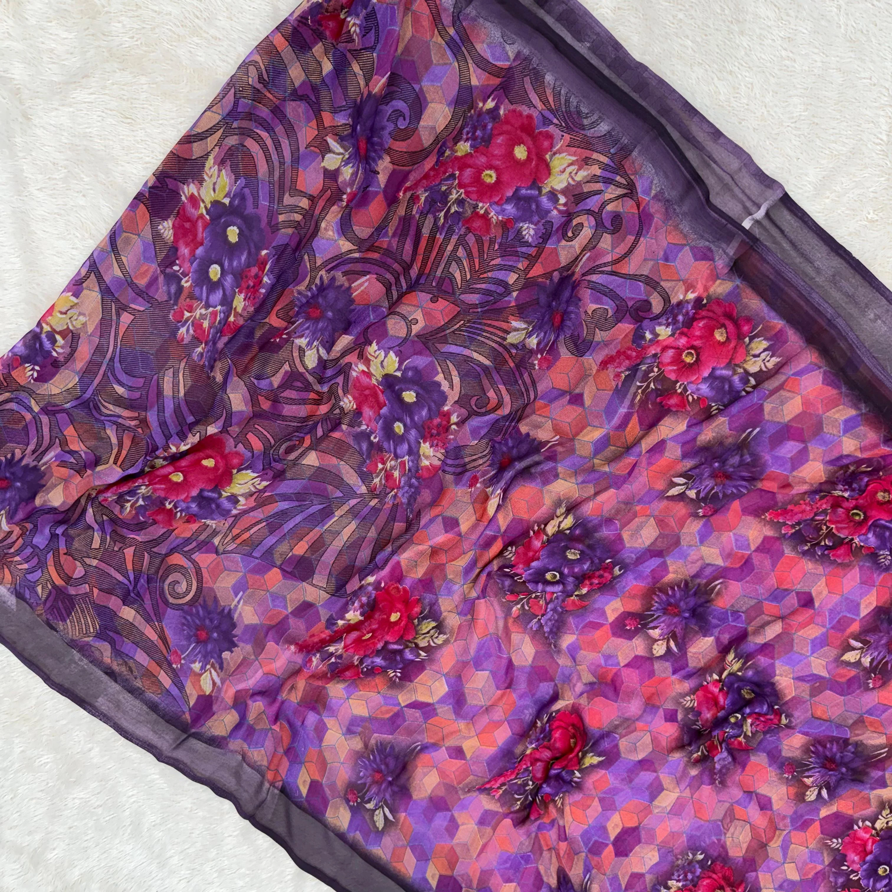 Tropical Garden Flow Chiffon Saree - Purple